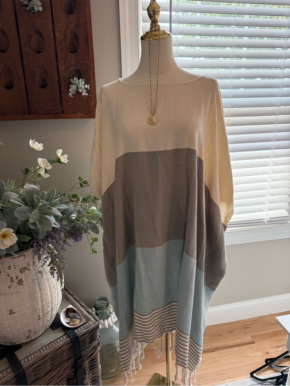 Light Cream and Gray Striped Colorblock Poncho coverup